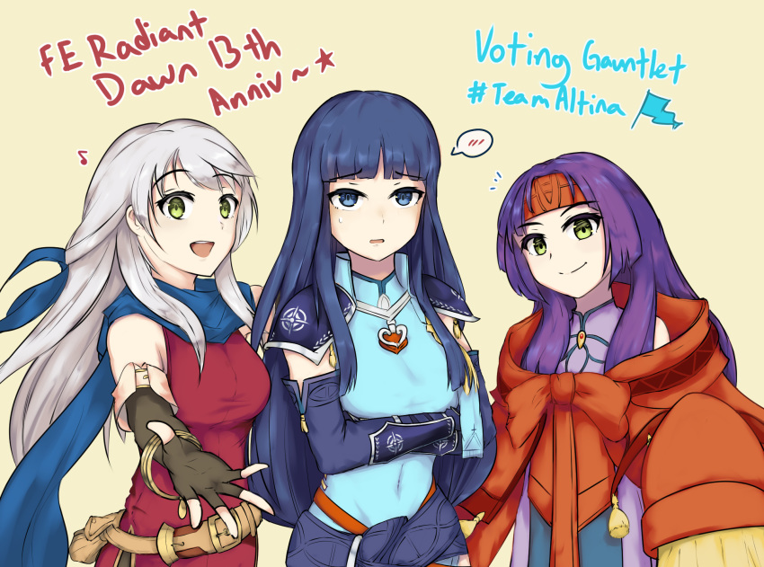 3girls :d altina anniversary arm_guards bangle belt black_gloves black_legwear blue_eyes blue_hair blue_scarf bracelet copyright_name covered_navel dress elbow_gloves fire_emblem fire_emblem:_radiant_dawn fire_emblem_heroes gloves hair_ribbon half_updo headband highres hime_cut jewelry long_hair long_sleeves looking_at_viewer micaiah_(fire_emblem) mini_flag multiple_girls musical_note open_mouth outstretched_arm oversized_clothes poiramee purple_hair red_headband ribbon sanaki_kirsch_altina scarf shoulder_armor side_slit silver_hair simple_background sleeveless sleeveless_dress smile sweatdrop turtleneck wide_sleeves yellow_eyes