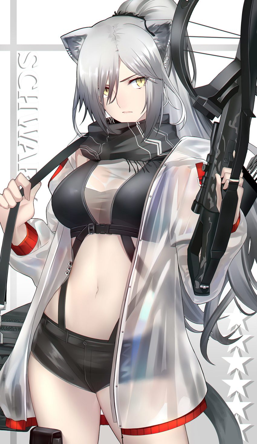 1girl animal_ears arknights bag black_scarf black_shorts bow_(weapon) breasts buckle character_name closed_mouth coat crossbow hair_over_one_eye high_ponytail highres holding holding_weapon hood hood_down long_hair long_sleeves looking_at_viewer medium_breasts navel open_clothes open_coat quiver raincoat scarf schwarz_(arknights) see-through serious shiguru short_shorts shorts shoulder_bag silver_hair slit_pupils solo stomach two-tone_background very_long_hair weapon white_coat yellow_eyes