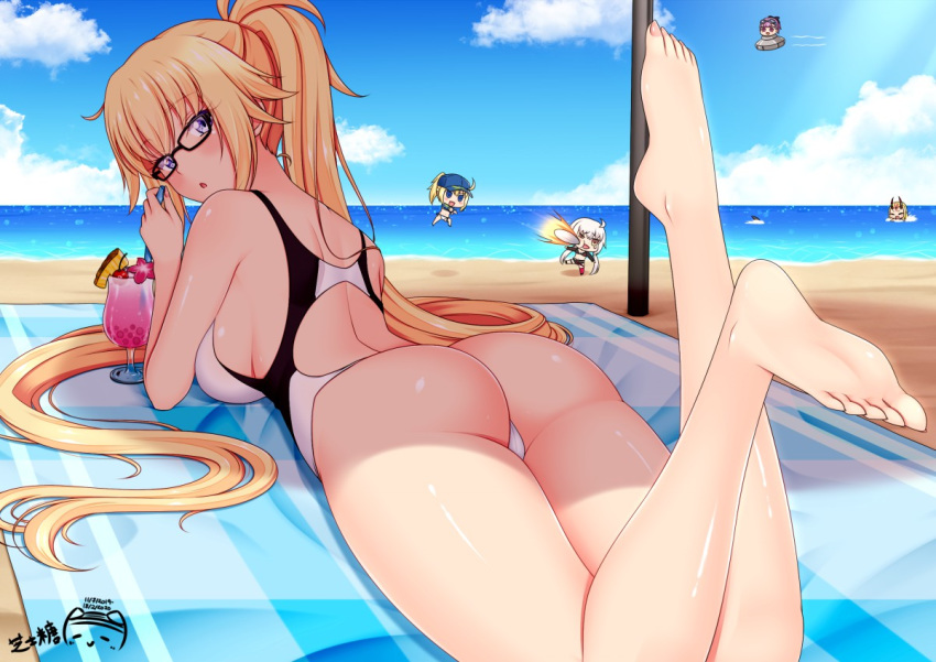 5girls :o artoria_pendragon_(all) ass barefoot beach black-framed_eyewear blonde_hair blue_sky breasts cloud day fate/grand_order fate_(series) glasses helena_blavatsky_(fate/grand_order) ibaraki_douji_(fate/grand_order) jeanne_d'arc_(alter_swimsuit_berserker) jeanne_d'arc_(fate)_(all) jeanne_d'arc_(swimsuit_archer) long_hair looking_at_viewer lying medium_breasts multiple_girls mysterious_heroine_xx_(foreigner) ocean on_stomach one-piece_swimsuit outdoors ponytail ppshex purple_eyes sand shark sky swimsuit