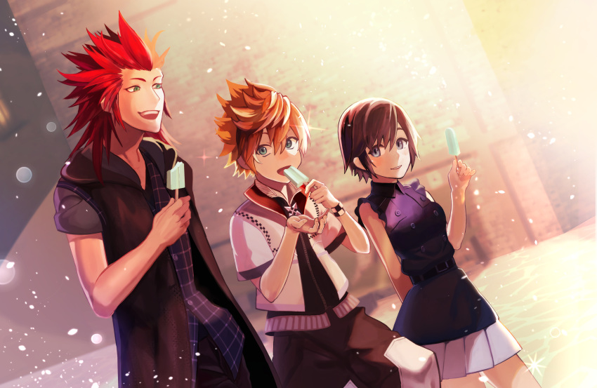 1999420019tk 1girl 2boys absurdres axel_(kingdom_hearts) black_hair blonde_hair food highres ice_cream kingdom_hearts kingdom_hearts_iii lens_flare multiple_boys open_mouth popsicle popsicle_stick red_hair roxas skirt smile sparkle spiked_hair sunlight walking xion_(kingdom_hearts)