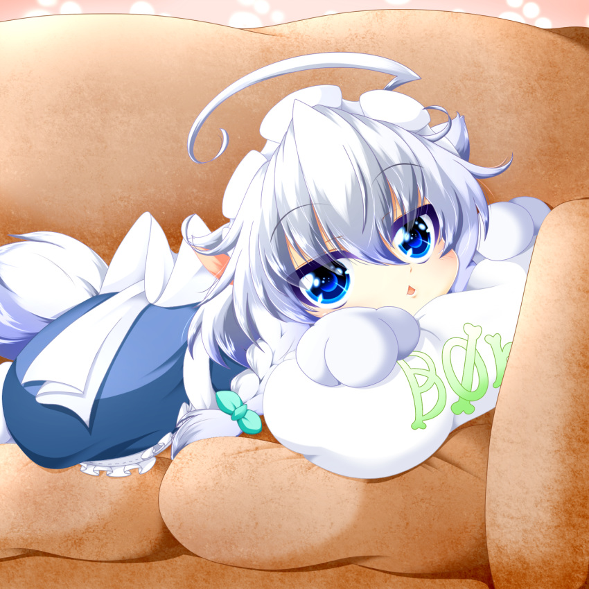 1girl ahoge animal_ears apron blue_eyes blue_skirt blue_vest braid chestnut_mouth chibi commentary_request couch dog_ears dog_tail eyebrows_visible_through_hair feet_out_of_frame gloves hair_between_eyes hair_ribbon highres inu_sakuya izayoi_sakuya looking_at_viewer lying muumuu_(sirufuruteienn) on_couch on_stomach paw_gloves paws pillow ribbon short_hair silver_hair skirt solo tail touhou tress_ribbon twin_braids vest waist_apron