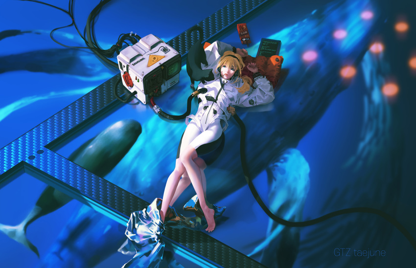 1girl animal arms_up bangs barefoot black_cat blonde_hair blue_eyes blurry blurry_background bodysuit cable cat food g-tz headband highres lips long_hair lying mouth_hold on_back original pocky whale