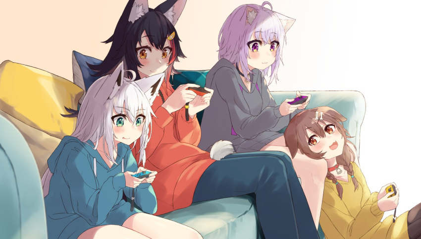 4girls :q animal_ear_fluff animal_ears aqua_eyes black_hair braid brown_hair cat_ears controller couch dog_ears fox_ears game_controller gamepad hololive hood hood_down hoodie inugami_korone long_hair multicolored_hair multiple_girls nekomata_okayu no_pants nuko_miruku ookami_mio orange_eyes pants pillow playing_games purple_eyes purple_hair shirakami_fubuki short_hair silver_hair sitting streaked_hair sweater tongue tongue_out twin_braids video_game virtual_youtuber wolf_ears