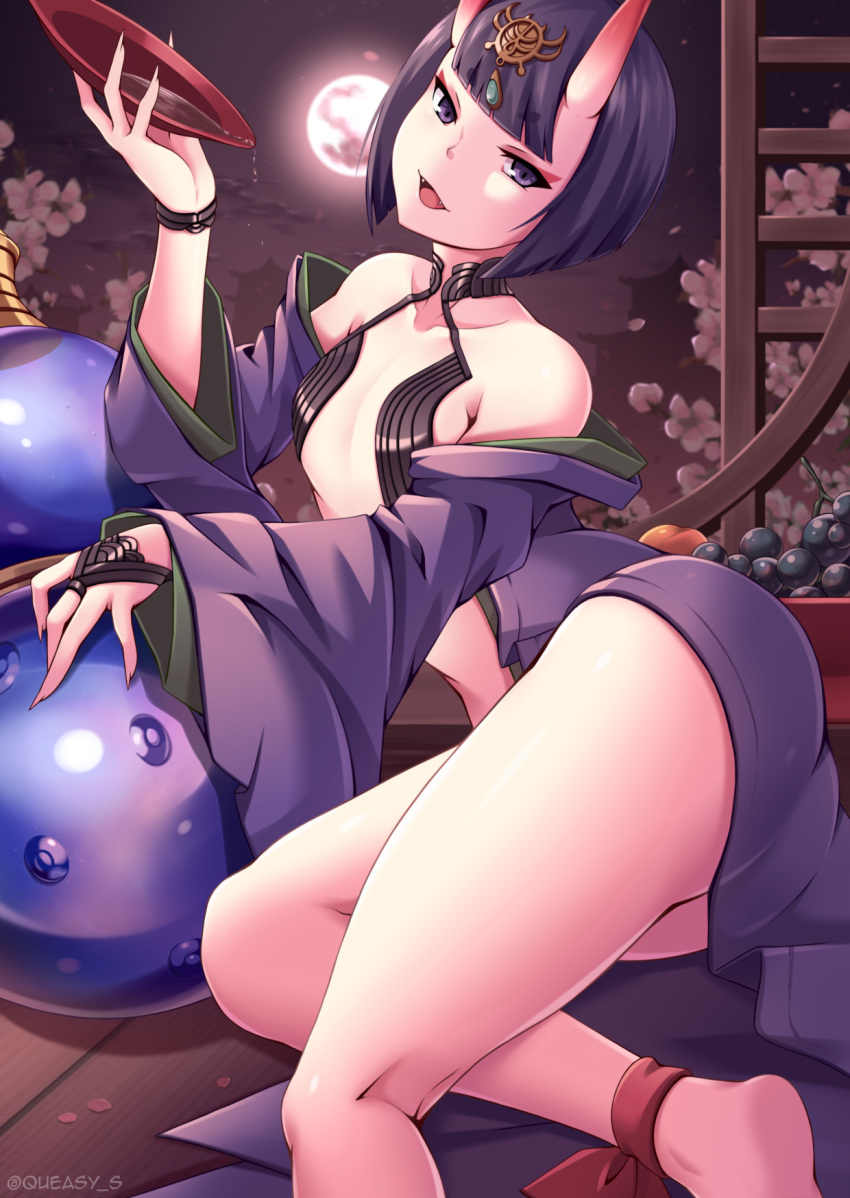 1girl alcohol ankle_ribbon bangs bare_shoulders blunt_bangs bob_cut breasts cherry_blossoms collarbone cup english_commentary falling_petals fangs fate/grand_order fate_(series) fingernails food fruit gourd grapes head_tilt headpiece highres horns japanese_clothes kimono kneepits looking_at_viewer moon moonlight night night_sky oni_horns open_clothes open_kimono open_mouth peach pouring purple_eyes purple_hair queasy_s reclining red_ribbon revealing_clothes ribbon sakazuki sake sharp_fingernails short_hair shuten_douji_(fate/grand_order) skin-covered_horns sky small_breasts smile solo straight_hair thighs twitter_username wooden_floor