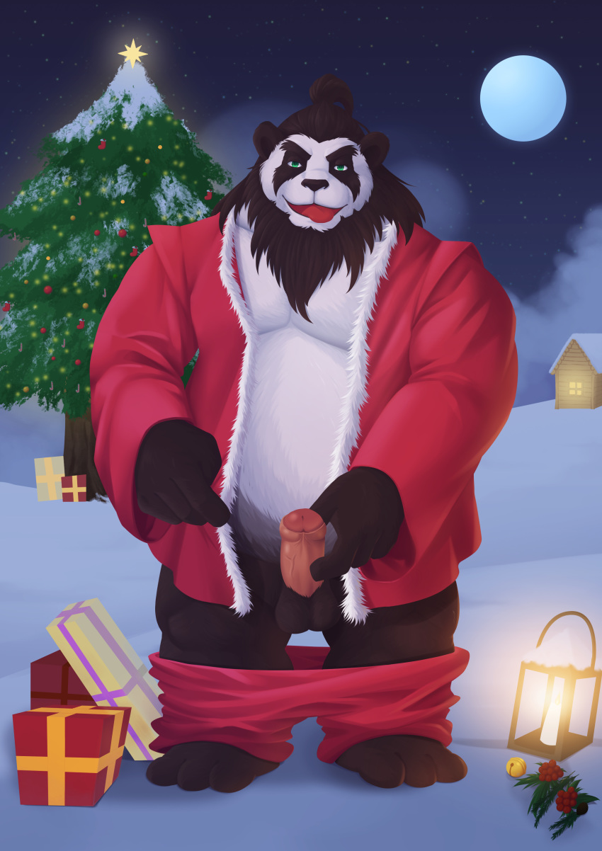 2018 absurd_res anthro balls belly black_body black_fur blizzard_entertainment bottomwear christmas christmas_tree chubbylittlemu clothing detailed_background erection fur genitals hi_res holidays humanoid_genitalia humanoid_hands humanoid_penis kemono male mammal moon night outside overweight overweight_male pandaren pants penis snow solo tree ursid video_games warcraft white_body white_fur