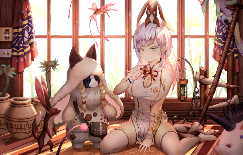 1girl aaeru animal_on_head bangs bare_shoulders blush braid breasts cat cleavage collarbone commentary_request dress eyebrows_visible_through_hair green_eyes highres horns indoors large_breasts long_hair looking_at_viewer mole mole_under_eye monster_hunter on_head smile thighhighs twin_braids white_dress white_hair white_legwear window