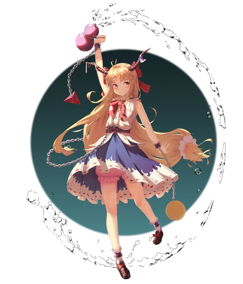 1girl absurdres ahoge akdove alcohol bangs belt blonde_hair bloomers blue_skirt bow brown_eyes brown_footwear chain cube cuffs drunk full_body gourd hair_bow highres horn horn_bow horn_ribbon horns ibuki_suika long_hair looking_away loose_socks low-tied_long_hair neckerchief oni pyramid_(geometry) red_bow red_neckwear ribbon sake shackles shirt shoe_bow shoes skirt sleeveless sleeveless_shirt solo sphere torn_clothes torn_sleeves touhou underwear water_drop white_legwear white_shirt wrist_cuffs