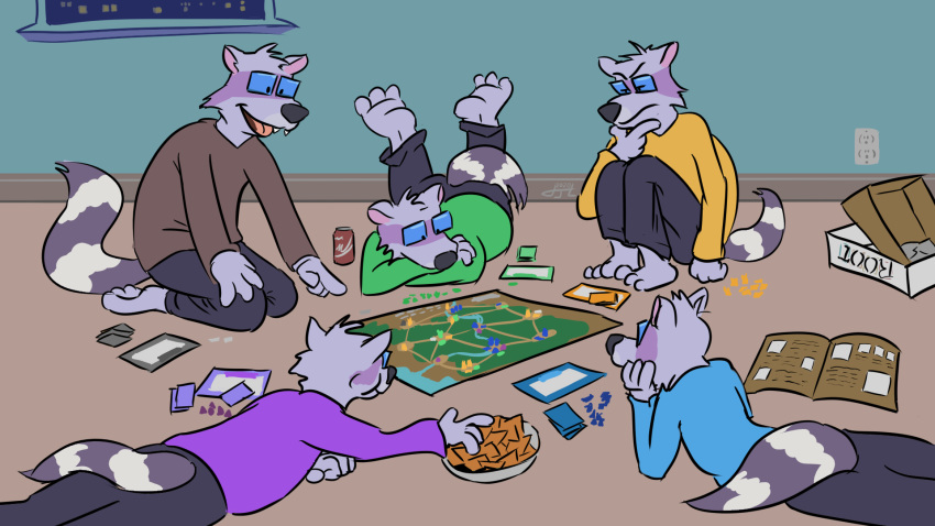 16:9 anthro beverage board_game clone earthbound_(series) eyewear glasses hexadoodle hi_res male mammal multi_self ness nintendo procyonid raccoon snacks video_games