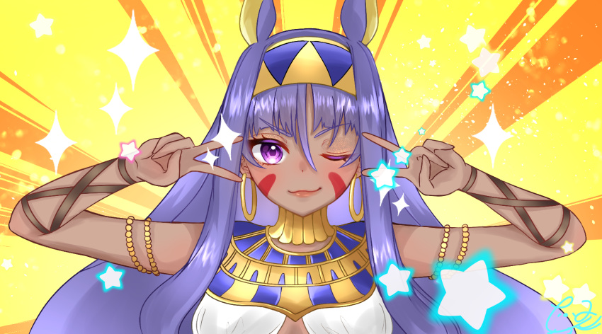 1girl animal_ears bangs bare_shoulders blush breasts closed_mouth dark_skin double_v earrings egyptian_clothes emotional_engine_-_full_drive facepaint facial_mark fate/grand_order fate_(series) hair_between_eyes hairband hands_up highres hoop_earrings jackal_ears jewelry koto00 long_hair looking_at_viewer medium_breasts nitocris_(fate/grand_order) one_eye_closed parody purple_eyes purple_hair sidelocks smile solo sparkle star usekh_collar v yellow_background