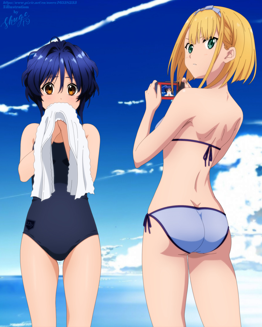 22/7 2girls aqua_eyes artist_name ass bikini blonde_hair blue_bow blue_hair blue_swimsuit bow breasts brown_eyes competition_swimsuit copyright_name day highres multiple_girls one-piece_swimsuit outdoors saitou_nicole short_hair shugo19 side-tie_bikini small_breasts standing swimsuit takigawa_miu towel watermark web_address