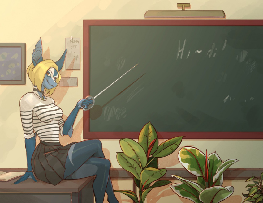 2020 5_fingers anthro blonde_hair blue_body blue_skin chalkboard class clothed clothing female fingers fish hair hairs marine melee_weapon mervvin school shark solo sword teacher text uri_renard_blanc_(ryltar) weapon