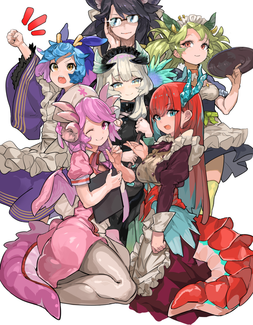 6+girls :d ;) adjusting_eyewear animal_ears apron bangs black_dress black_hair black_horns blue_eyes blue_hair blue_horns bow braid breasts broom brown_choker brown_eyes buttons choker cleavage cleavage_cutout clenched_hand clipboard collar commentary_request dragon_ears dragon_girl dragon_horns dragon_tail dragon_wings dragonmaid_chame dragonmaid_hausky dragonmaid_laudry dragonmaid_nasary dragonmaid_parla dragonmaid_tillroo dress duel_monster eyebrows_visible_through_hair fang flat_chest frilled_apron frilled_collar frills full_body glasses glint green_hair green_horns green_legwear green_sash green_wings grey_legwear hair_between_eyes hair_bow hair_ornament hair_over_shoulder hair_rings hat highres holding holding_broom holding_clipboard holding_tray horns index_finger_raised japanese_clothes kimono kneeling lace-trimmed_apron large_breasts leaf_hair_ornament long_dress long_hair long_sleeves looking_at_viewer looking_to_the_side maid_apron maid_dress maid_headdress medium_breasts monster_girl multicolored_hair multiple_girls notice_lines nurse_cap one_eye_closed open_mouth pantyhose pink_dress pink_hair pink_horns pink_wings puffy_long_sleeves puffy_short_sleeves puffy_sleeves purple_hair purple_kimono purple_neckwear red_dress red_hair sai_no_kawara sash short_dress short_hair short_sleeves sidelocks silver_eyes silver_hair single_braid sitting slit_pupils smile standing swept_bangs tail thighhighs transparent_background tray upper_teeth wa_maid white_bow wide_sleeves wings yellow_eyes yellow_horns yokozuwari yuu-gi-ou zettai_ryouiki