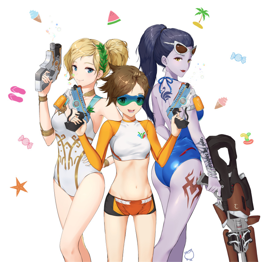 3girls absurdres ass bangs bare_shoulders blonde_hair blue_eyes blue_swimsuit breasts brown_eyes brown_hair collarbone commentary eyewear_on_head from_side gun hair_ornament highres holding holding_gun holding_weapon long_hair long_sleeves looking_at_viewer medium_breasts mercy_(overwatch) multiple_girls navel overwatch ponytail purple_hair purple_skin red_lips saemoy short_hair shorts smile spiked_hair sunglasses swimsuit tracer_(overwatch) water_gun weapon white_swimsuit widowmaker_(overwatch) yellow_eyes