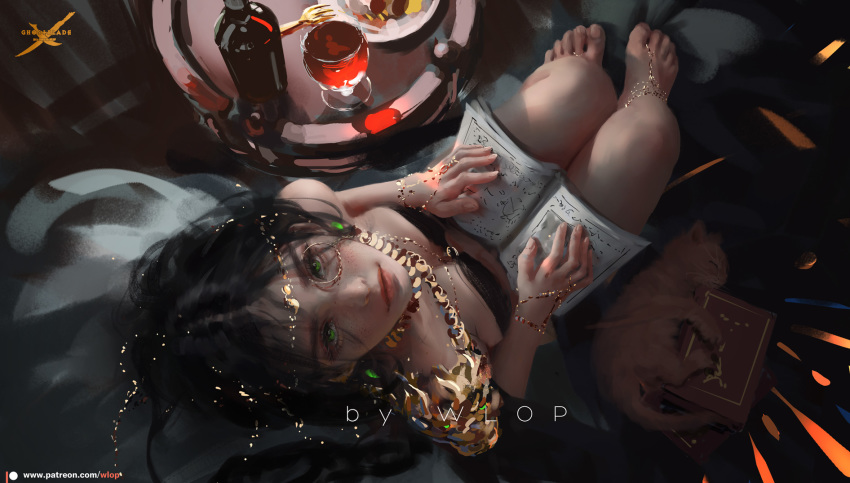 1girl bare_shoulders barefoot black-haired_girl_(wlop) black_hair book bottle bracelet breasts chain cleavage cup drinking_glass earrings fork from_above ghostblade gold gold_chain green_eyes head_chain highres jewelry lips looking_up magatama magatama_earrings monocle necklace open_book original plate reading red_lips table wine_glass wlop