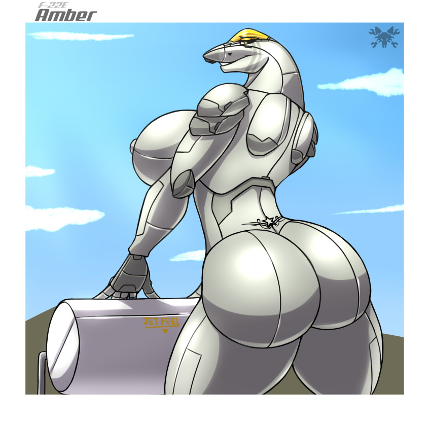 absurd_res aircraft big_breasts big_butt breasts butt f-22 f-22e female hi_res living_aircraft living_machine living_vehicle looking_at_viewer looking_back machine metalfoxxx nipples solo vehicle