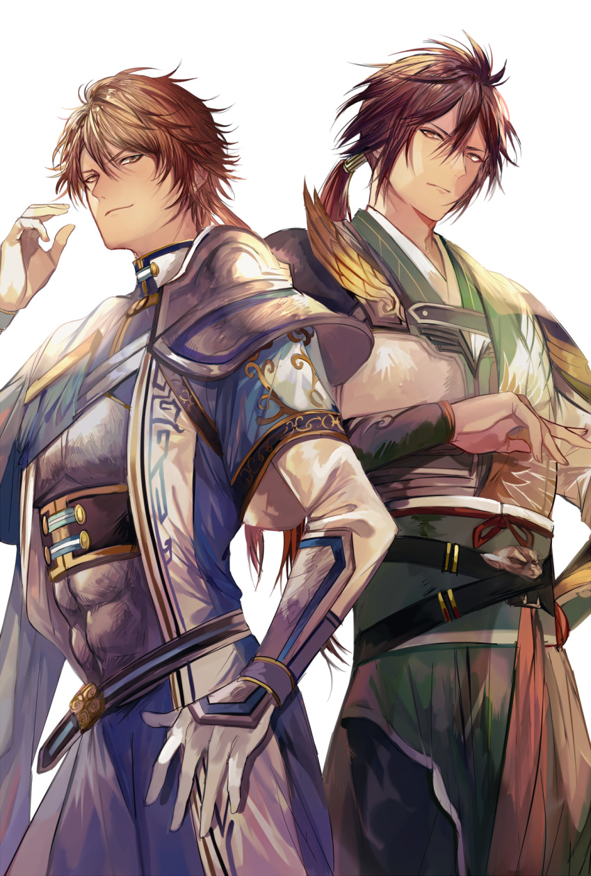 2boys abs arm_up belt border0715 brown_eyes brown_hair character_request chinese_clothes closed_mouth collar gloves highres long_hair long_sleeves looking_at_viewer low_ponytail male_focus multiple_boys muscle sangoku_musou shin_sangoku_musou simple_background smile smirk standing white_background white_gloves