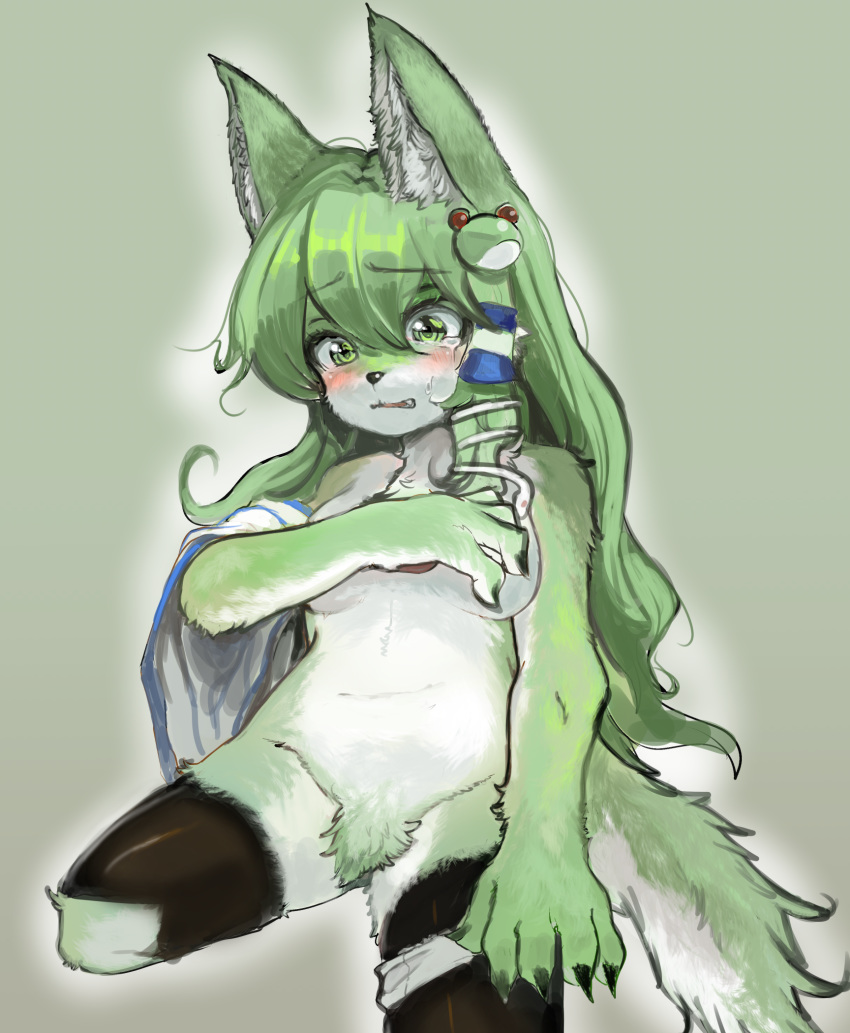 2020 alternate_species anthro black_nose blush bodily_fluids breasts canid clothing covering covering_breasts crying female fur green_body green_eyes green_fur hair hi_res implied_transformation inner_ear_fluff legwear long_hair mammal naturally_censored sanae_kochiya simple_background sitting solo stockings tears toribako touhou tuft video_games