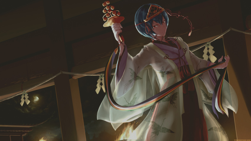 1girl ayanami_rei blue_hair cloud cloudy_sky commentary commission english_commentary expressionless full_moon highres japanese_clothes looking_at_viewer moon neon_genesis_evangelion night red_eyes ribbon short_hair sky solo triangular_headpiece tyrone