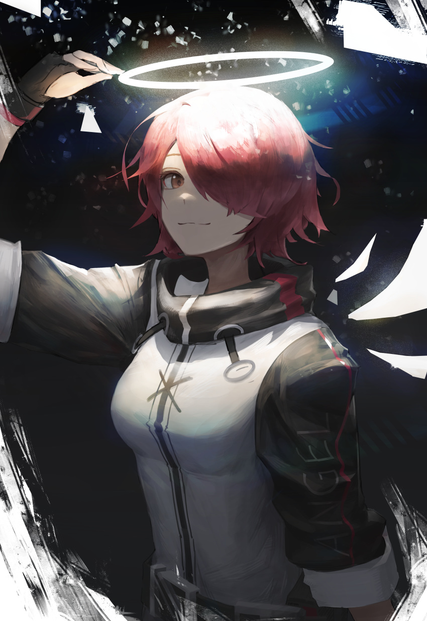 1girl :3 absurdres adjusting_halo arknights belt black_background breasts energy_wings exusiai_(arknights) fingerless_gloves gloves glowing hair_over_one_eye halo highres huge_filesize jacket nimu_(099) red_eyes red_hair short_hair smile solo