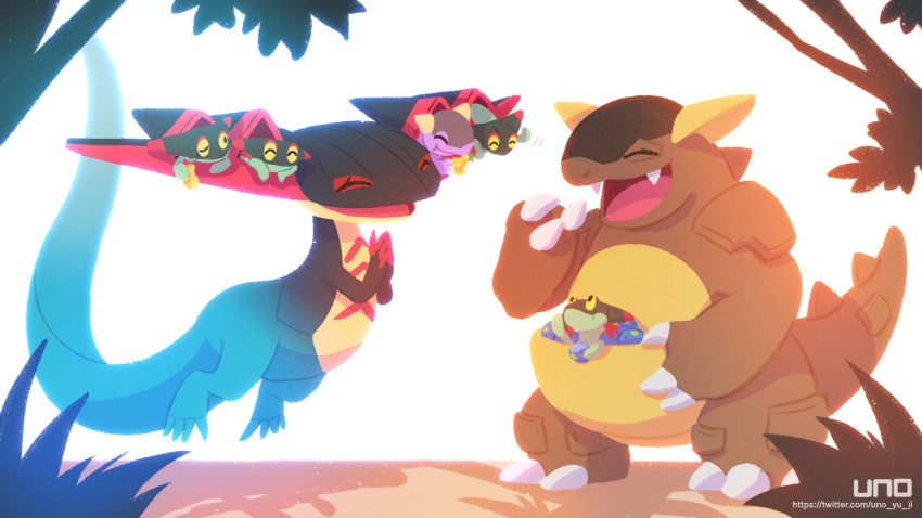 16:9 2020 ambiguous_gender anthro baby_kangaskhan black_body blue_body brown_body claws dragapult dreepy eating eyes_closed food fruit grass group hands_together happy hi_res holding_food holding_fruit holding_object in_pouch kangaskhan mammal marsupial nintendo open_mouth open_smile outside plant pok&eacute;mon pok&eacute;mon_(species) pouch_(anatomy) pouch_purse red_body scalie simple_background smile standing text tree uno_yuuji url video_games white_background young