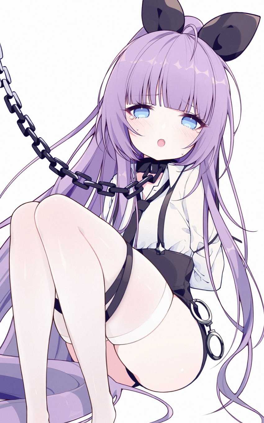 1girl :o ahoge ass azur_lane bangs bdsm black_bow black_neckwear black_skirt blue_eyes blunt_bangs blush bondage bound bow chain chained collared_shirt cuffs eyebrows_visible_through_hair fang flat_chest fukurou_(hvgd5584) hair_bow handcuffs high-waist_skirt highres long_hair long_ponytail looking_at_viewer necktie open_mouth ponytail purple_hair shirt sidelocks simple_background skirt solo suspender_skirt suspenders sweatdrop tashkent_(azur_lane) tashkent_(the_bound_cruiser)_(azur_lane) tearing_up thighhighs thighs very_long_hair white_background white_legwear white_shirt