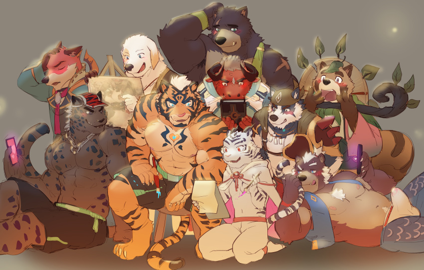 2020 anthro aoba_(kemo_coliseum) armpit_hair bandanna big_muscles black_nose blue_eyes body_hair book bottomwear bovid bovine brown_body brown_fur brush canid canine canis cattle cellphone clothed clothing darius_(kemo_coliseum) domestic_dog drawing erection eyes_closed felid fox fur grey_body grey_fur group hair hat headgear headwear hi_res holding_book holding_brush holding_object holding_paintbrush holding_smartphone horn husky kemo_coliseum lambert_(kemo_coliseum) leaf lef_(kemo_coliseum) male mamaduo mammal muscular muscular_male nipples nordic_sled_dog null-ghost_(character) orange_body orange_fur paintbrush pantherine phone pink_nose raccoon_dog red_eyes rubido_(null-ghost) scar smartphone spitz spots spotted_body spotted_fur striped_body striped_fur stripes tan_body tan_fur tanuki tharsix tied_hair tiger topless topwear ursid volga white_hair