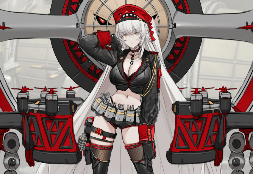 1girl arm_up azur_lane belt_pouch black_bra black_gloves black_jacket black_shorts bomb boots bra bra_peek breasts brown_legwear chain choker cleavage collarbone command_and_conquer cowboy_shot crop_top cropped_jacket dishwasher1910 expressionless gloves highleg highres jacket kirov_(azur_lane)_(dishwasher1910) kirov_airship large_breasts leg_belt long_hair long_sleeves looking_at_viewer machinery micro_shorts midriff navel original pouch red_headwear shorts silver_hair solo standing stomach thigh_boots thighhighs thighs underwear very_long_hair wing_collar yellow_eyes