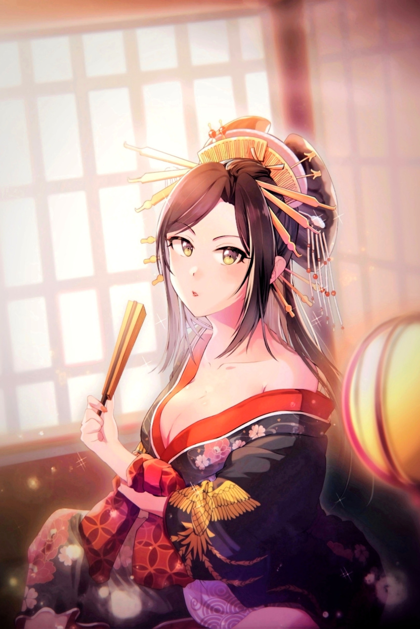 1girl absurdres bangs bare_shoulders black_hair black_kimono blush breasts cleavage collarbone fan floral_print folding_fan green_eyes hair_ornament hair_stick highres idolmaster idolmaster_cinderella_girls japanese_clothes kimono large_breasts long_hair long_sleeves looking_at_viewer mukai_takumi off_shoulder open_mouth parted_bangs sash seiza shangziyxy sitting solo wide_sleeves window