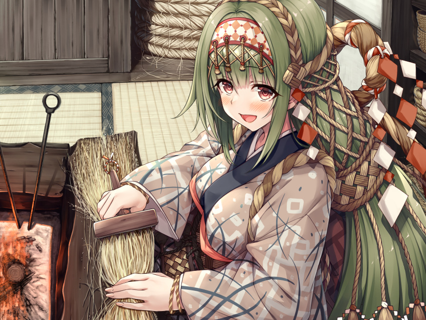 1girl :d ayakashi_kyoushuutan bangs blush breasts brown_kimono character_request commentary_request eyebrows_visible_through_hair fire firewood green_hair hair_between_eyes hair_ornament hairband hasumi_(hasubatake39) highres holding indoors japanese_clothes kimono long_hair long_sleeves looking_at_viewer medium_breasts monobeno open_mouth red_eyes sidelocks smile solo tatami very_long_hair wheat wide_sleeves