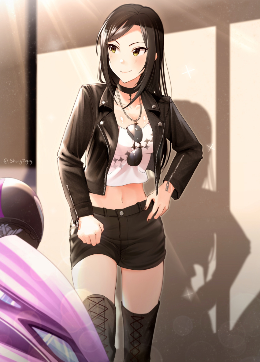 1girl bangs black_footwear black_hair black_jacket black_shorts blush boots breasts choker cleavage closed_mouth collarbone crop_top eyewear_hang eyewear_removed green_eyes ground_vehicle hand_on_hip helmet highres idolmaster idolmaster_cinderella_girls jacket jewelry large_breasts long_hair long_sleeves looking_to_the_side midriff motor_vehicle motorcycle motorcycle_helmet mukai_takumi navel necklace open_clothes open_jacket parted_bangs shadow shangziyxy shirt shorts smile solo sunglasses sunlight thigh_boots thighhighs white_shirt