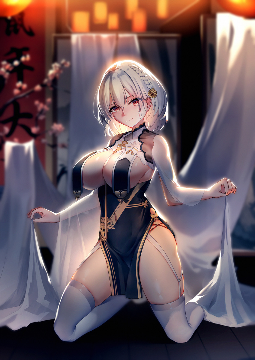 1girl azur_lane bangs blush breasts china_dress chinese_clothes cleavage collarbone dress eyebrows_visible_through_hair flower garter_straps gloves hair_between_eyes hair_ornament highres lace-trimmed_hairband large_breasts looking_at_viewer red_eyes repoi short_hair short_sleeves sirius_(azur_lane) sirius_(azure_horizons)_(azur_lane) solo thighhighs thighs white_gloves white_hair white_legwear