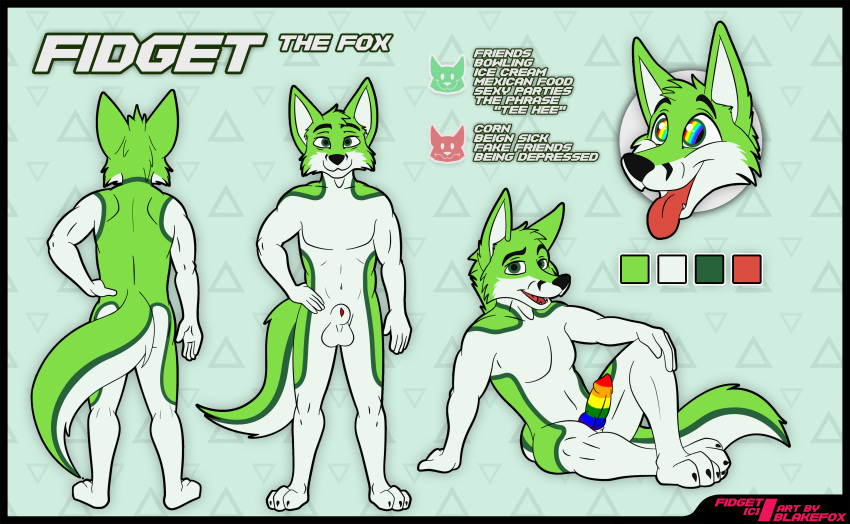 absurd_res animal_genitalia anthro blakefox canid canine claws fidget_(character) fox fur genitals green_body green_fur hi_res male mammal model_sheet multicolored_eyes multicolored_penis penis rainbow_eyes sheath smile solo tongue white_body white_fur