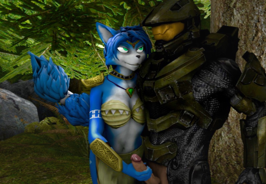 armor blue_body blue_fur canid canine crossover female foreplay fox fur genitals halo halo_(series) human interspecies krystal male male/female mammal master_chief masturbation microsoft nintendo penis sdjenej_(artist) standing star_fox video_games xbox_game_studios