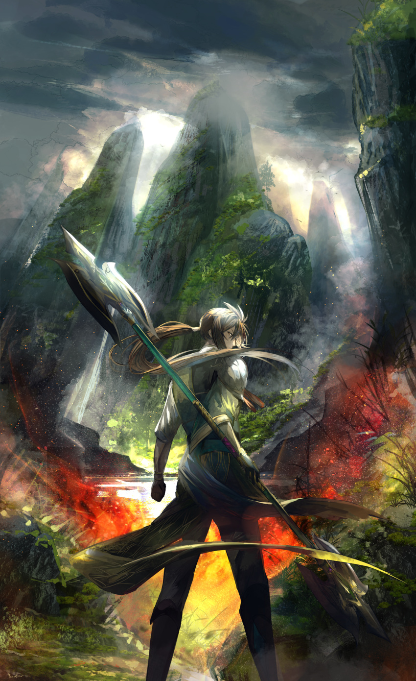 1boy absurdres axe back bangs black_gloves border0715 brown_eyes brown_hair chinese_clothes cloud cloudy_sky gloves grass highres holding holding_axe holding_weapon jiang_wei long_hair long_sleeves looking_at_viewer looking_back low_ponytail male_focus mountain nature outdoors polearm sangoku_musou sky solo standing storm tree trident weapon
