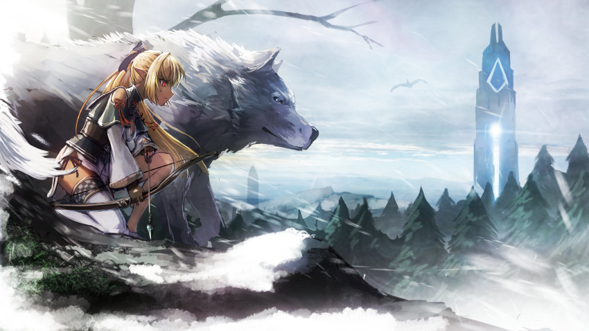 1girl absurdres ark_survival_evolved arrow bangs blonde_hair bow bow_(weapon) dark_skin elf fingerless_gloves forest gloves hair_bow highres hololive kneeling long_hair namako_(namacotan) nature one_knee outdoors pointy_ears profile red_eyes shiranui_flare single_thighhigh solo thighhighs virtual_youtuber weapon white_legwear