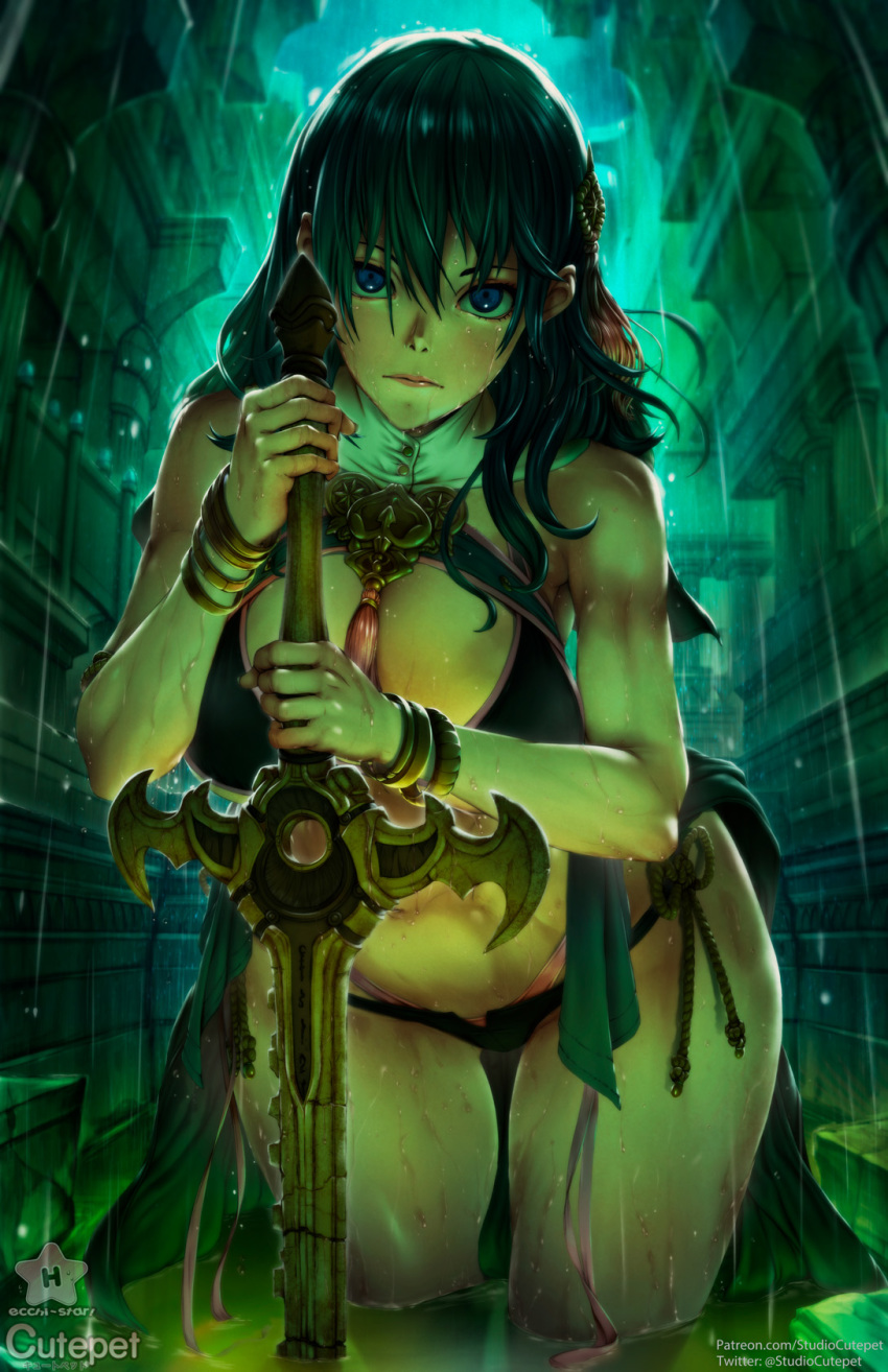 1girl adapted_costume banned_artist bracelet breasts byleth_(fire_emblem) byleth_(fire_emblem)_(female) cleavage cutepet expressionless fire_emblem fire_emblem:_three_houses green_hair hair_ornament highres jewelry partially_submerged rain solo sword sword_of_the_creator thigh_gap thong water weapon wet