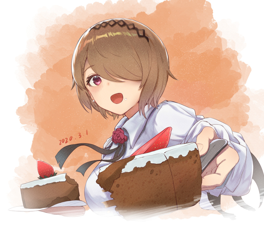 1girl absurdres birthday_cake black_ribbon blush brown_hair cake dated earrings flower food hair_over_one_eye heart heart-shaped_pupils highres honkai_(series) honkai_impact_3rd jewelry mole mole_under_eye open_mouth purple_eyes ribbon rita_rossweisse rose short_hair slice_of_cake solo symbol-shaped_pupils zhourues