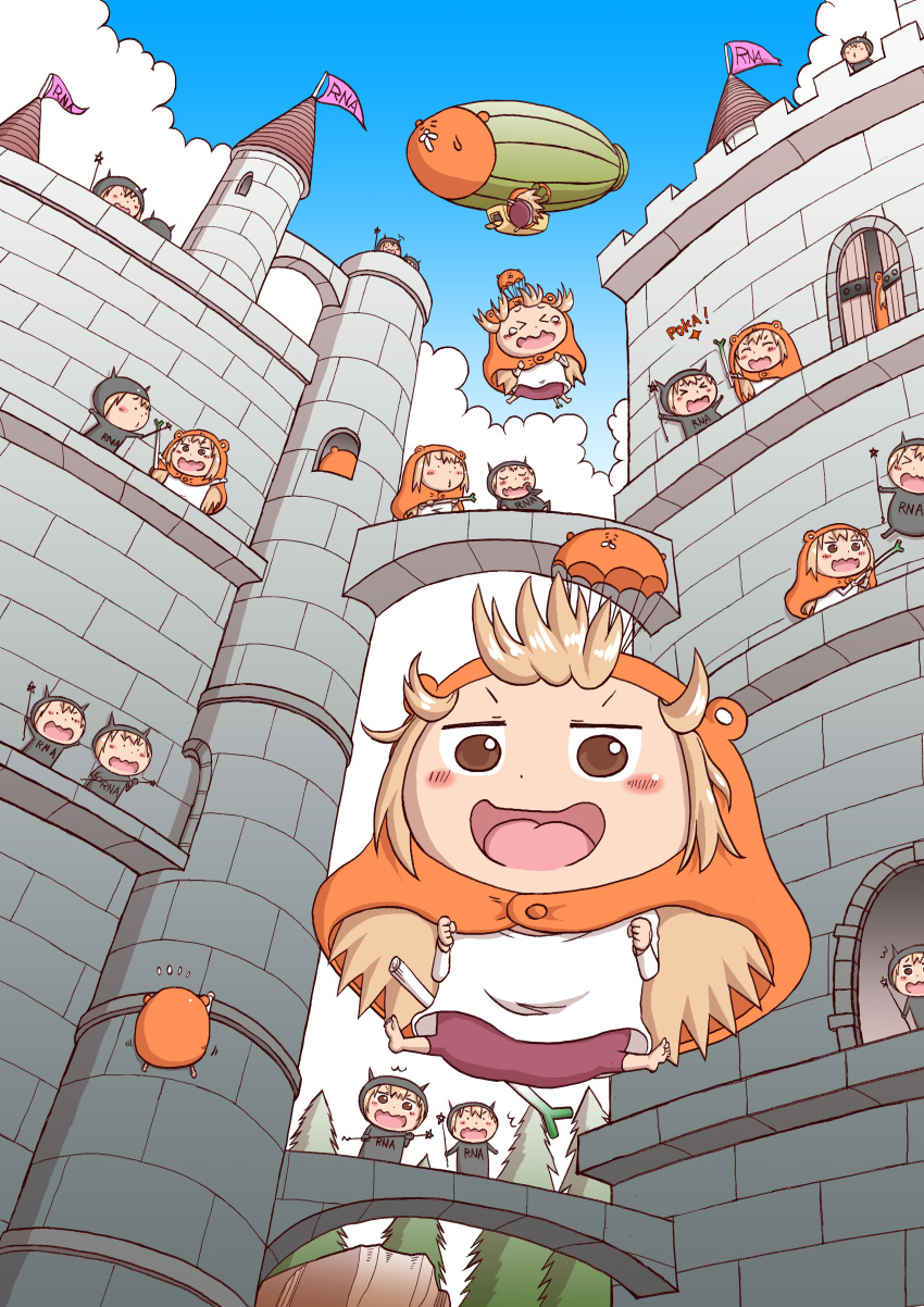 &gt;_&lt; /\/\/\ 6+girls :d ^_^ absurdres aircraft barefoot blonde_hair blush_stickers brown_eyes castle chibi clenched_hand climbing closed_eyes cloud costume dirigible doma_umaru door doorway hamster_costume hamster_hood highres himouto!_umaru-chan hood hoodie kobayashimannga komaru multiple_girls open_mouth outdoors parachute purple_shorts shorts skin_tight sleepy smile spring_onion tears toes tongue tree wand yawning
