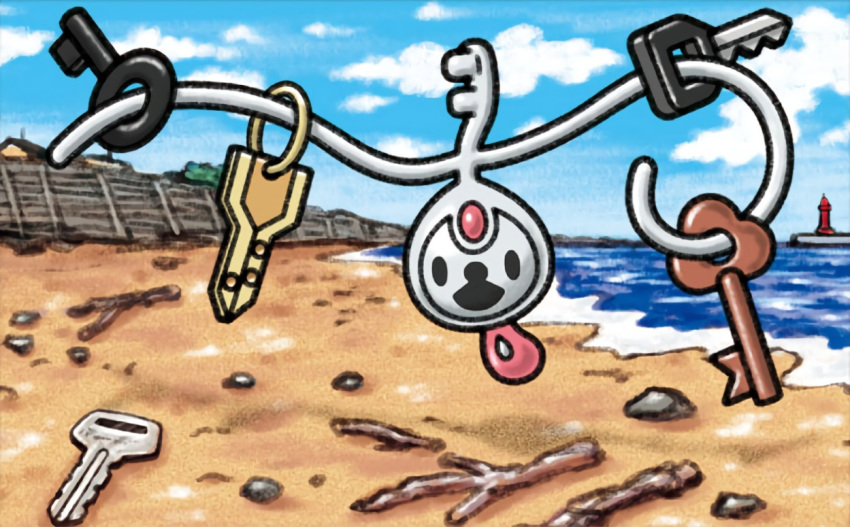 :d beach black_eyes blue_sky cloud cloudy_sky commentary creature day english_commentary floating full_body gen_6_pokemon happy house key klefki looking_at_viewer multiple_sources no_humans ocean official_art open_mouth outdoors pokemon pokemon_(creature) pokemon_trading_card_game rock sand sky smile solo stick third-party_source tower water