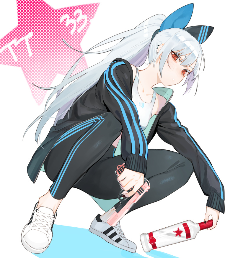 1girl absurdres alcohol bangs black_legwear black_nails blue_stripes bottle bow full_body girls_frontline gopnik gun hair_bow handgun highres holding holding_bottle holding_gun holding_weapon jacket juz long_hair looking_at_viewer red_eyes shirt shoes silver_hair slav_squatting sleeveless sleeveless_shirt sneakers solo squatting tokarev_(girls_frontline) tokarev_tt-33 very_long_hair vodka weapon white_background white_hair white_shirt