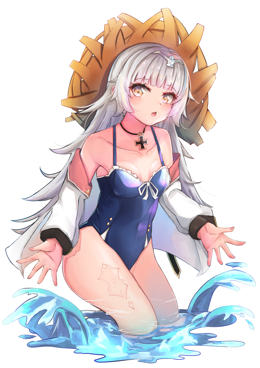 1girl absurdres azur_lane bare_shoulders blue_swimsuit breasts brown_eyes collarbone covered_navel hat highres huge_filesize jacket jewelry long_hair long_sleeves looking_at_viewer minertime necklace off_shoulder one-piece_swimsuit open_clothes open_jacket open_mouth silver_hair simple_background small_breasts solo straw_hat swimsuit thighs very_long_hair wading water white_background white_jacket z46_(azur_lane) z46_(first_summer)_(azur_lane)
