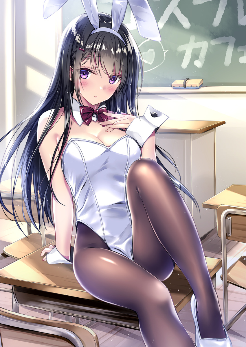 1girl animal_ears bangs bare_shoulders black_hair blush bow bowtie breasts bunny_ears bunny_girl bunnysuit chair chalkboard classroom classroom_eraser cleavage desk detached_collar eyebrows_visible_through_hair hair_between_eyes hair_ornament hairclip hand_on_own_chest heart highres indoors kobayashi_chisato leg_up leotard light_particles loafers long_hair looking_at_viewer medium_breasts on_desk original pantyhose purple_eyes red_neckwear school_chair school_desk shadow shoes sidelocks sitting sitting_on_desk solo white_footwear white_leotard wrist_cuffs