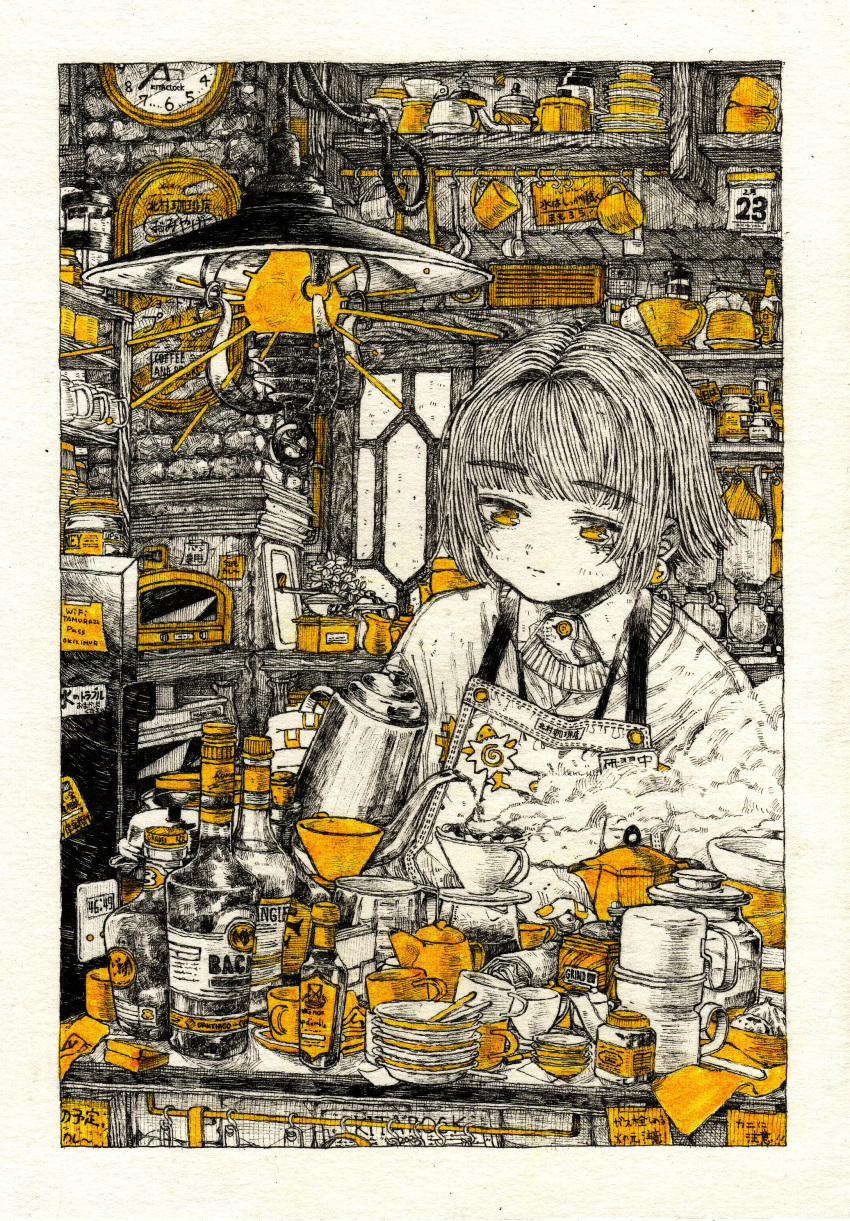 1girl absurdres apron bandaid_on_finger bangs border bottle bow brick_wall calendar_(object) clock collared_shirt crosshatching cup earrings expressionless greyscale highres holding holding_kettle hook indoors jar jewelry kettle kitamurashu leaf light mole mole_under_mouth monochrome mug original pitcher plant pouring shelf shirt short_hair solo spot_color steam sweater table teacup white_border window yellow_earrings yellow_eyes yellow_nails