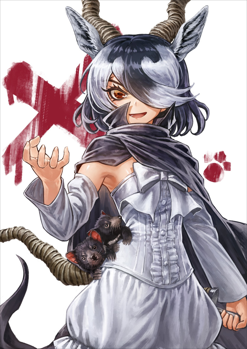 1girl :d animal animal_ear_fluff animal_ears bangs black_cape black_hair blackbuck_(kemono_friends) brown_eyes cape center_frills commentary_request detached_sleeves extra_ears hair_over_one_eye high_collar highres horizontal_pupils horns kemono_friends lain looking_at_viewer multicolored_hair open_mouth short_hair silver_hair simple_background smile tasmanian_devil two-tone_hair weapon white_background