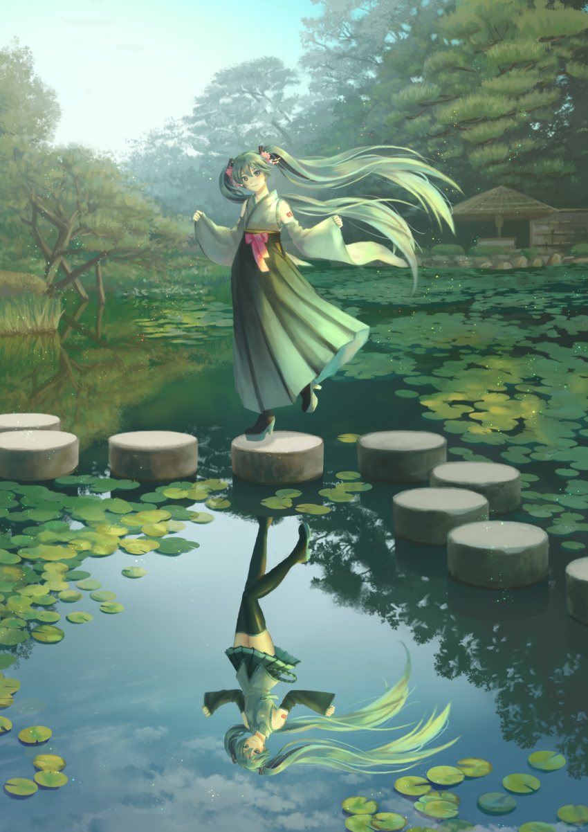 1girl chatan_(kitatani0622) hatsune_miku highres kyoto reflection vocaloid