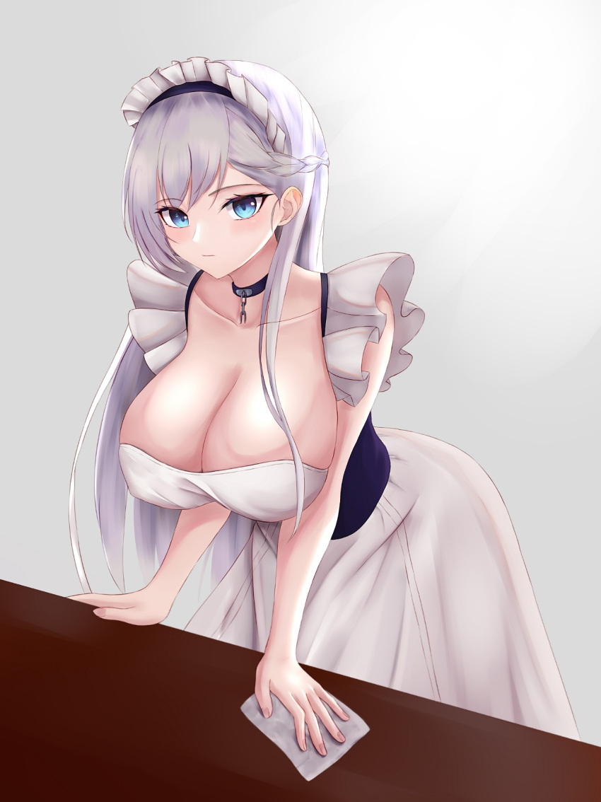 1girl apron azur_lane belfast_(azur_lane) blue_eyes breasts choker cleavage collarbone cuffs highres kdkaikai large_breasts long_hair looking_at_viewer maid maid_apron maid_dress maid_headdress shackles silver_hair solo white_background