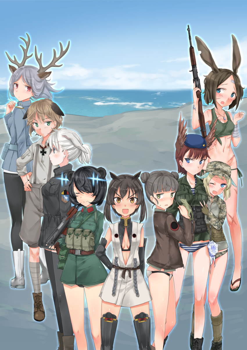 6+girls :d ;d absurdres animal animal_ears antlers aohashi_ame arms_behind_back bandage_on_face bandaged_arm bandages bangs bear_ears belt beret bird_ears black_footwear black_gloves black_hair black_jacket black_legwear black_panties blonde_hair blue_eyes blue_headwear blue_jacket blue_outline blue_panties blue_shirt blue_sky blunt_bangs blush bob_cut boots breasts brown_belt brown_eyes brown_hair brown_jacket brown_legwear brown_panties camouflage camouflage_headwear camouflage_panties closed_eyes closed_mouth cloud cloudy_sky commentary cross cross-laced_footwear day deer_ears dog_ears dog_tags donkey_ears double_bun emblem eyebrows_visible_through_hair fingerless_gloves freckles frog frown gauntlets gloves green_eyes green_gloves green_jacket green_panties green_sports_bra grey_hair grey_jacket grey_shirt grey_shorts groin gun hand_on_hip hat high-waist_shorts highres hirschgeweih_antennas holding holding_animal holding_gun holding_weapon jacket light_brown_hair light_frown long_sleeves looking_at_viewer lowleg lowleg_panties medium_hair military military_hat military_uniform mole mole_under_mouth multiple_girls navel no_pants ocean one_eye_closed open_mouth original outdoors panties pantyhose pouch purple_eyes reverse_trap rifle scar shirt shoes short_hair shorts side-tie_panties sidelocks silver_hair skindentation sky sleeveless sleeveless_jacket sleeves_rolled_up small_breasts smile socks sports_bra standing string_panties striped striped_panties striped_shirt submachine_gun suspender_shorts suspenders sweatdrop swept_bangs thigh_boots thighhighs trigger_discipline underbust underwear underwear_only uniform v v-shaped_eyebrows weapon white_footwear wind world_witches_series