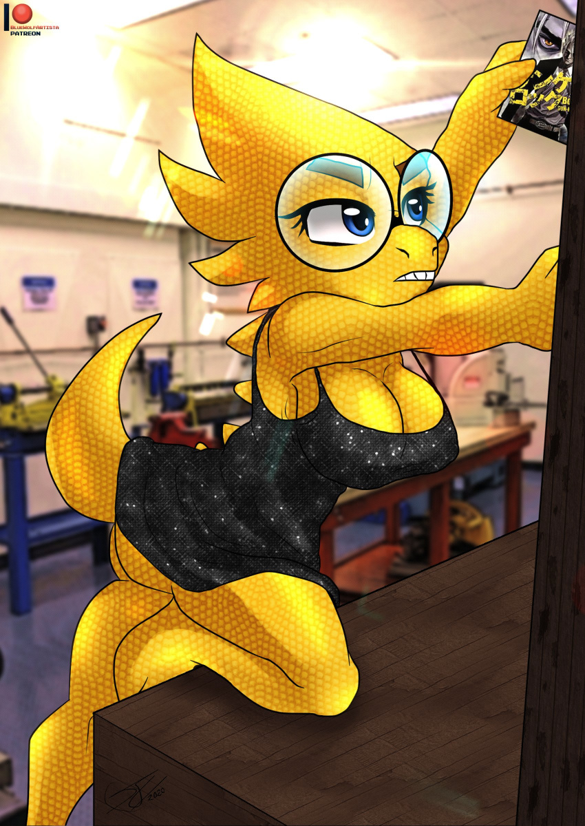 absurd_res alphys anthro barefoot big_breasts blue_eyes bluewolfartista breasts buckteeth butt cleavage clothed clothing dress eyebrows eyewear female flat_texture glasses hi_res japanese_text nipple_outline non-mammal_breasts reptile scales scalie side_boob solo teeth text thick_eyebrows thick_tail tight_clothing undertale video_games yellow_body yellow_scales