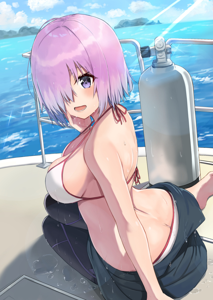 1girl absurdres bikini bow breasts butt_crack diving_suit fate/grand_order fate_(series) hair_over_one_eye highres jjeono looking_at_viewer mash_kyrielight pink_bow purple_eyes purple_hair scuba_tank short_hair smile solo swimsuit wetsuit white_bikini white_swimsuit