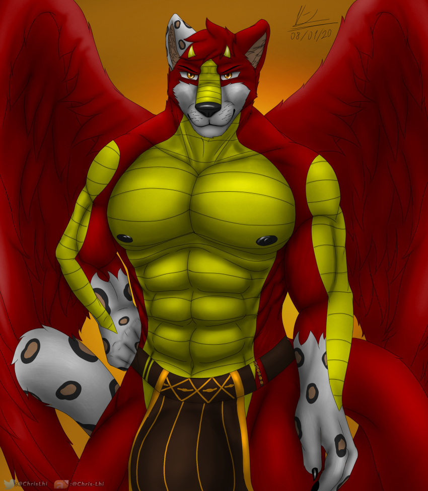 abs anthro avian bulge canid canine canis chrislhi clothed clothing dots dragon european_mythology feathered_wings feathers felid fur greek_mythology grin horn hybrid invalid_tag lhikan(chrislhi) loincloth looking_at_viewer male mammal muscular mythological_avian mythological_firebird mythology nipples pantherine pecs phoenix red_body red_fur scales smile snow_leopard topless wings wolf